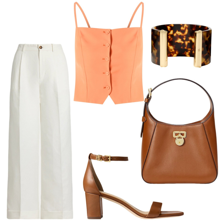 Outfit donna - Total look #2212321. Stile Minimal per Tutti i giorni. Abbinamento con canottiere, borse a tracolla, sandali in pelle, pantaloni, braccialetti.