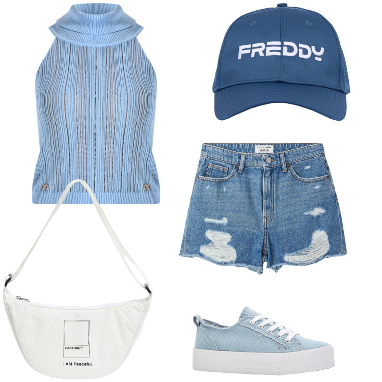 Outfit donna - Il sole di montagna. Stile Casual per Tutti i giorni. Abbinamento con sneakers, marsupi, shorts, top, cappelli.