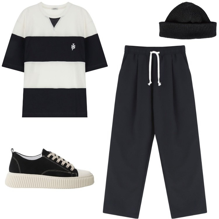 Outfit uomo - Total look #2212323. Stile Trendy per Tutti i giorni. Abbinamento con sneakers, t-shirt, pantaloni, berretti.