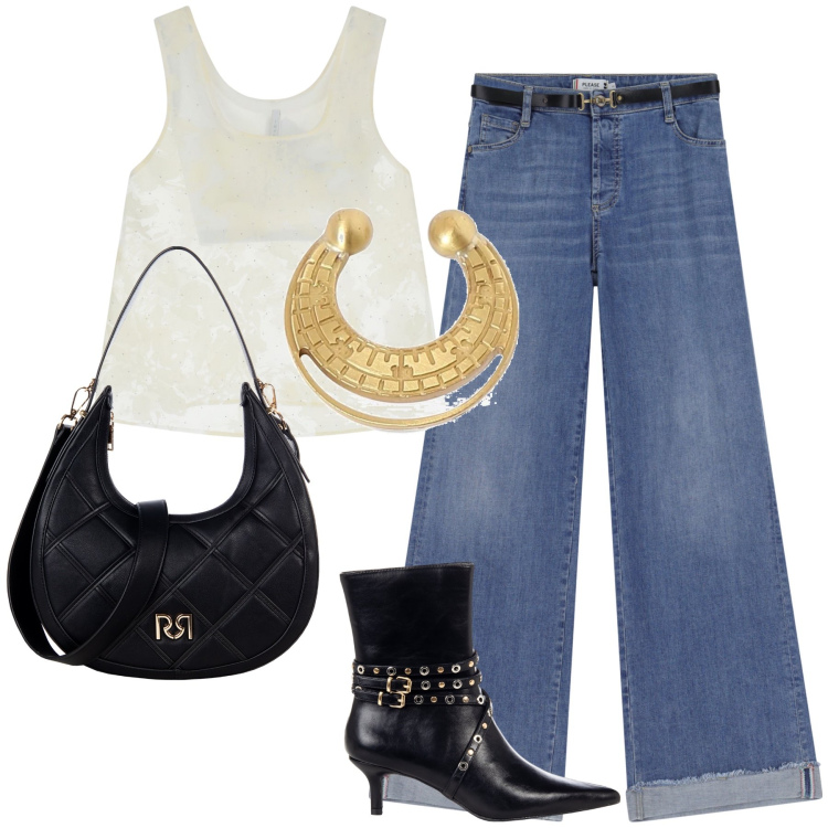 Outfit donna - Serata anni 70. Stile 70s per Serata fuori. Abbinamento con stivaletti, borse a tracolla, jeans, top, orecchini.