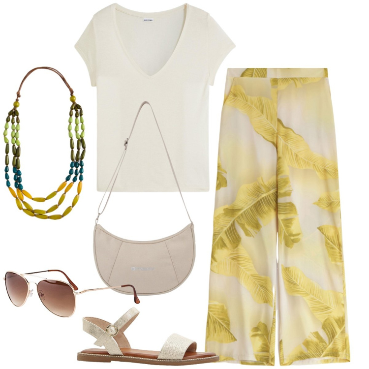 Outfit donna - In vacanza. Stile Casual chic per Tutti i giorni. Abbinamento con t-shirt, occhiali da sole, sandali, pantaloni, borse a spalla, collane.