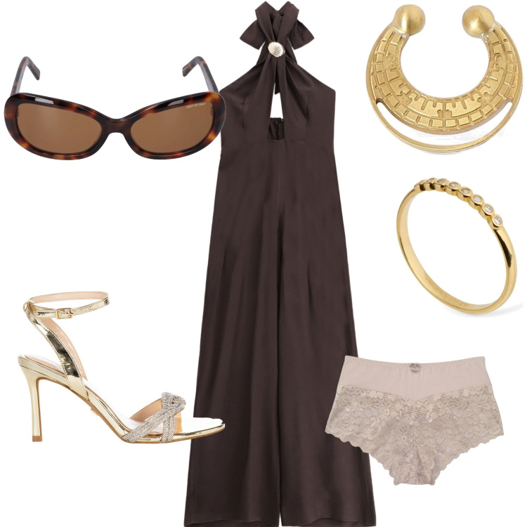 Outfit donna - L alternativa al nero. Stile Chic per Serata fuori. Abbinamento con culotte, sandali col tacco, tute, occhiali da sole, orecchini, anelli.