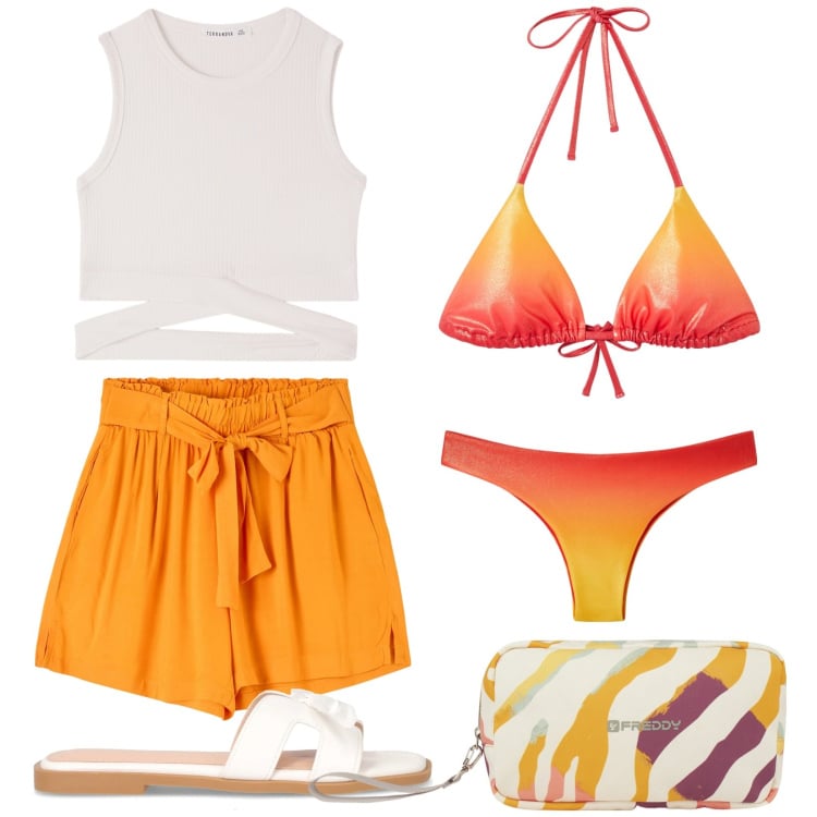 Outfit donna - Total look #2212329. Stile Trendy per Mare. Abbinamento con shorts, bikini, bikini, top, valigie, ciabatte.