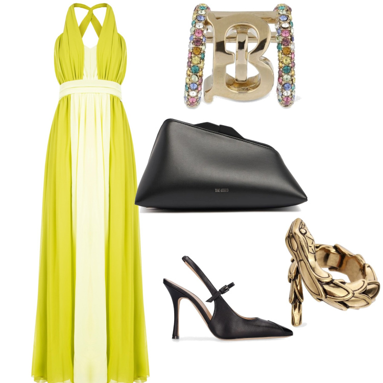 Outfit donna - Colore insolito risultato glamour. Stile Glamour per Serata fuori. Abbinamento con vestiti lunghi, orecchini, anelli, pochette, décolleté.