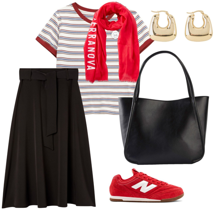 Outfit donna - Partenza comoda. per Tutti i giorni. Abbinamento con shopping bag, orecchini, gonne lunghe, foulard, sneakers, t-shirt.