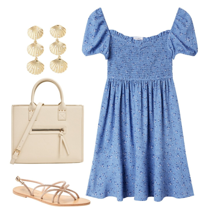 Outfit donna - In città. Stile Romantica per Tutti i giorni. Abbinamento con vestiti corti, sandali, orecchini, shopping bag.