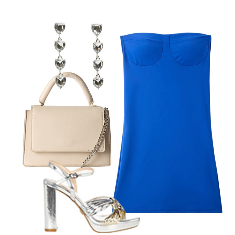 Outfit donna - Azzurro sera. Stile Chic per Serata fuori. Abbinamento con vestiti, borse a tracolla, orecchini, sandali in pelle.