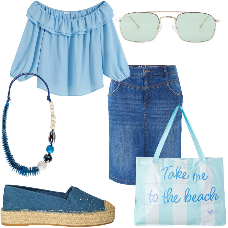 Outfit donna - In giro per la città. Stile Casual chic per Tutti i giorni. Abbinamento con gonne, bluse, espadrillas, borse tote, occhiali da sole, collane.