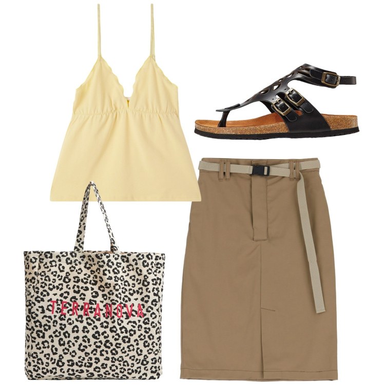 Outfit donna - Tutti i giorni. Stile Bon Ton per Ufficio. Abbinamento con sandali in pelle, canottiere, shopping bag, gonne.