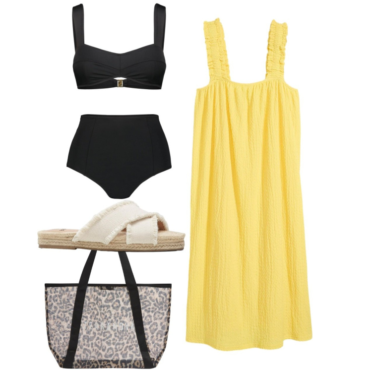 Outfit donna - Mare chic. Stile Chic per Mare. Abbinamento con vestiti, ciabatte, shopping bag, bikini.
