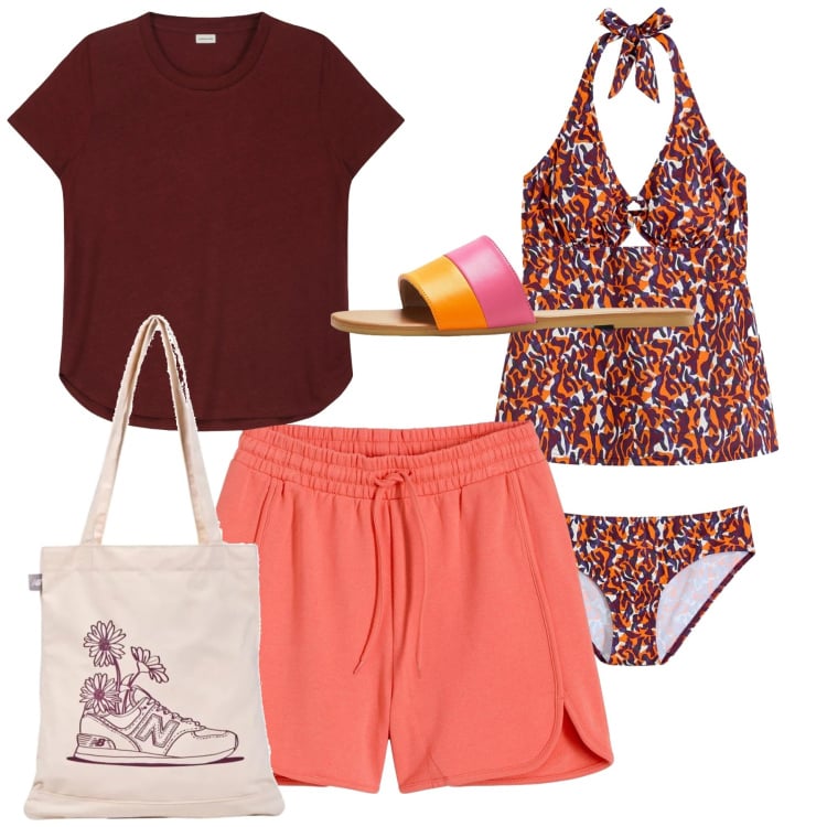 Outfit donna - Al mare in burgundy. Stile Bon Ton per Mare. Abbinamento con ciabatte, shorts, costumi interi, shopping bag, t-shirt.