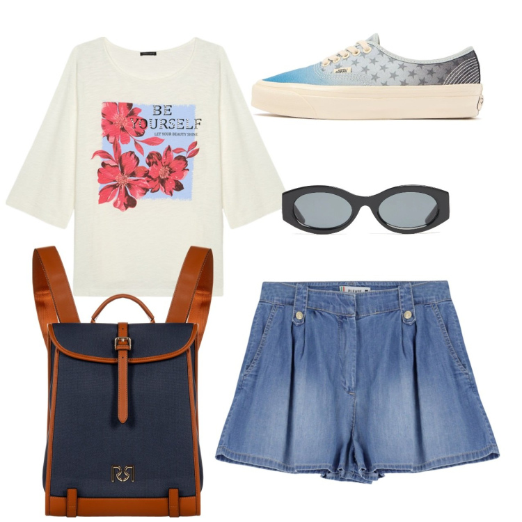 Outfit donna - Basic. Stile Basic per Tutti i giorni. Abbinamento con zaini, shorts, occhiali da sole, t-shirt, sneakers.