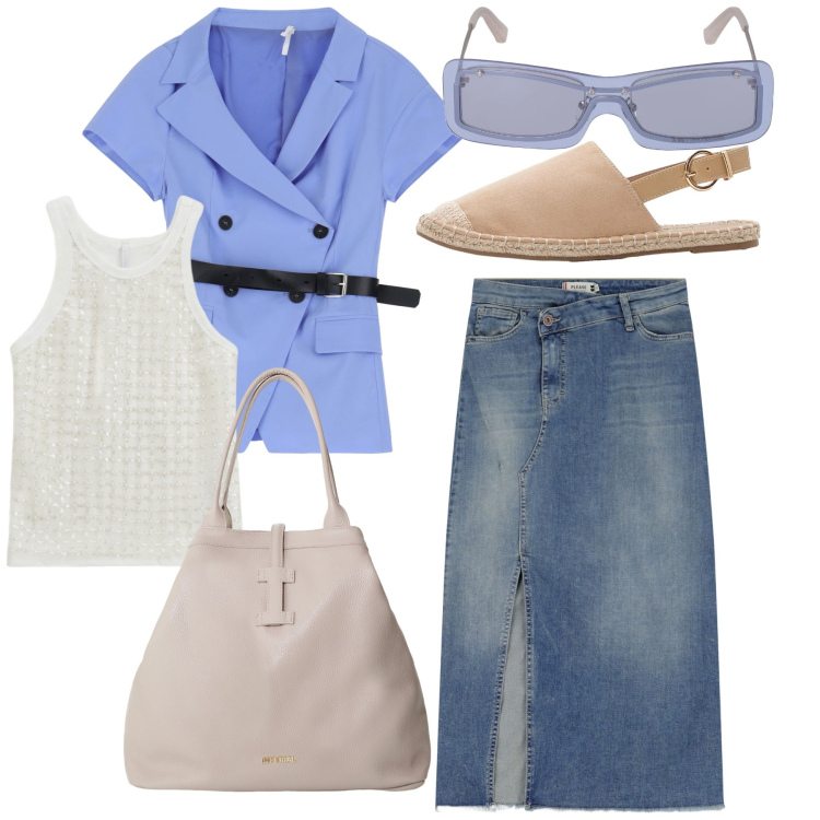 Outfit donna - Passeggiata. Stile Casual chic per Tutti i giorni. Abbinamento con espadrillas, gonne longuette, blazer, borse tote, top, occhiali da sole.