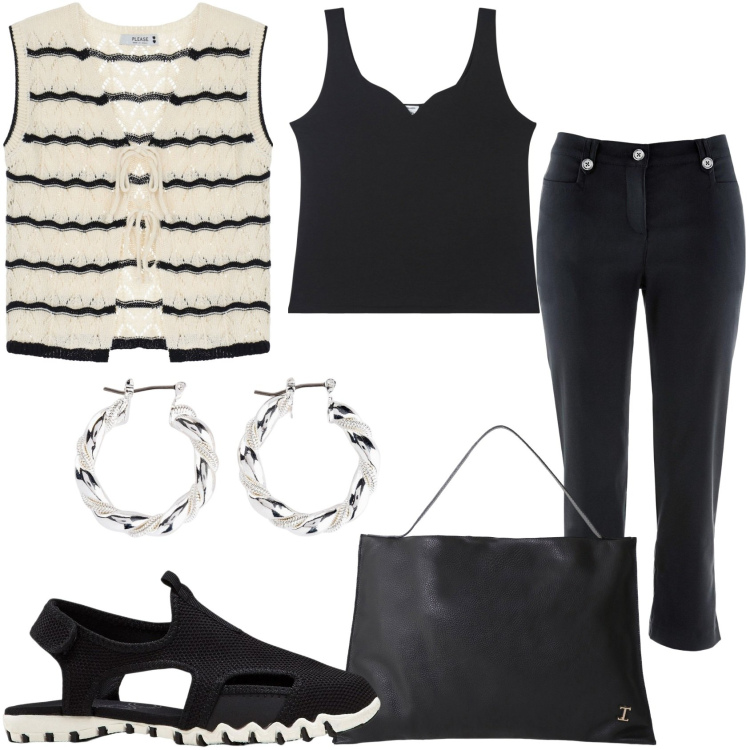 Outfit donna - In giro per la città. Stile Trendy per Tutti i giorni. Abbinamento con sandali, orecchini, pantaloni capri, canottiere, top, borse a spalla.