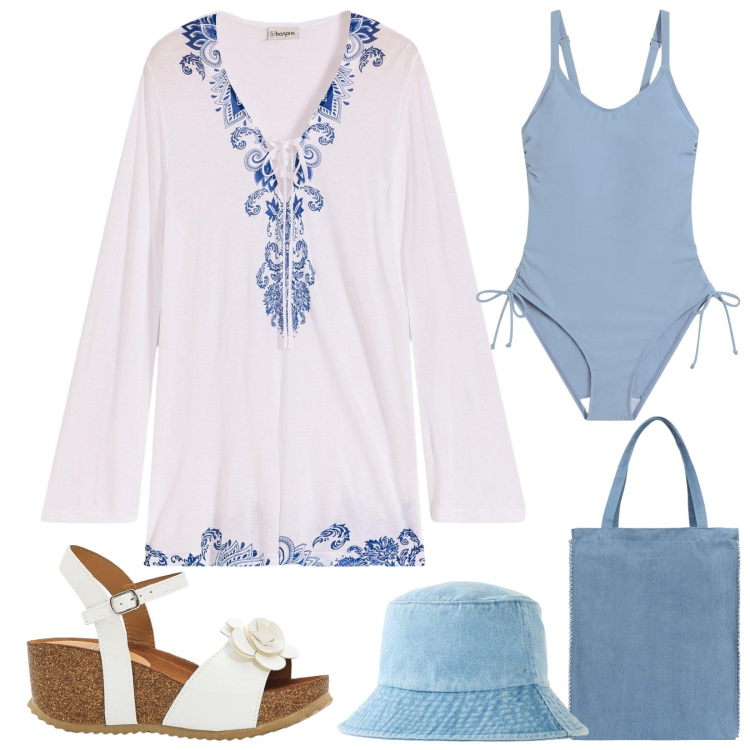 Outfit donna - Total look #2212379. Stile Boho per Mare. Abbinamento con sandali, cappelli, vestiti da spiaggia, costumi interi, borse tote.