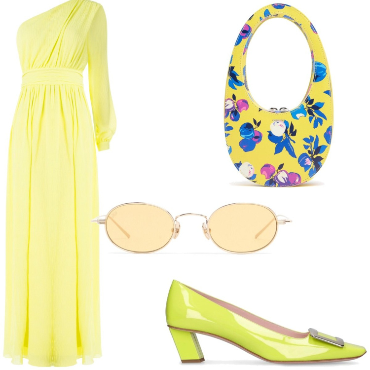 Outfit donna - Pranzo con le amiche. Stile Chic per Serata fuori. look ideale per Tall. Abbinamento con vestiti lunghi, borse a mano, décolleté, occhiali da sole.