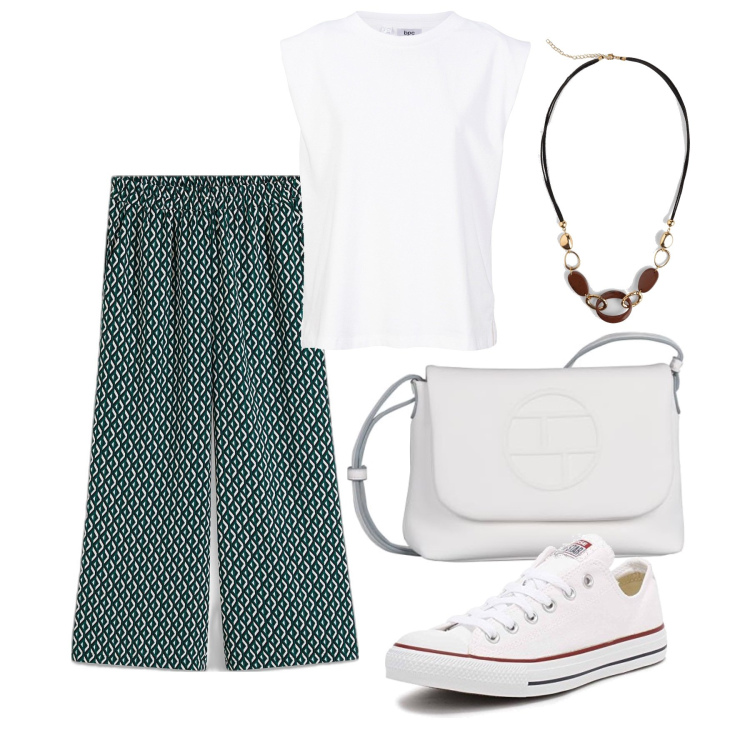 Outfit femme - Juillet. Style Basique pour Tous les jours. Assortir avec jupe-culotte, hauts, colliers, sneakers, sacs en bandoulière.