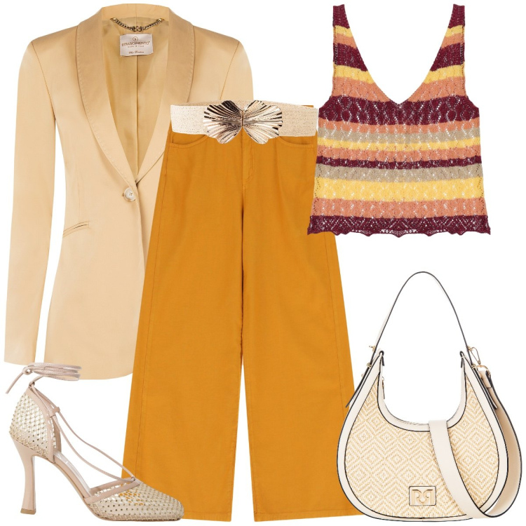 Outfit donna - Arancio caldo. Stile Bon Ton per Tutti i giorni. Abbinamento con cinture, blazer, borse a mano, pantaloni, décolleté, top.