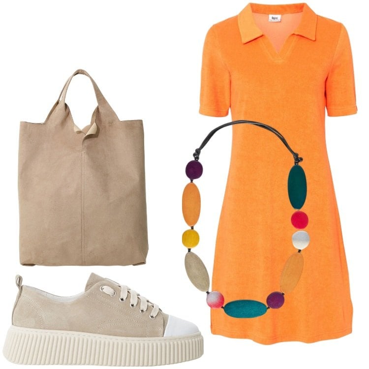 Outfit donna - Dinamica. Stile Sporty chic per Tutti i giorni. Abbinamento con vestiti midi/longuette, sneakers, shopping bag, collane.
