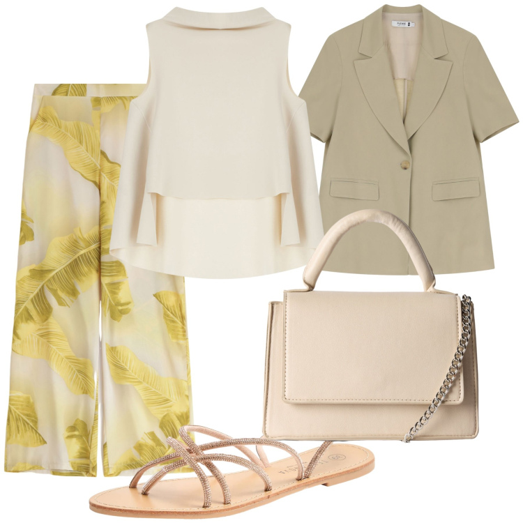 Outfit donna - Tutto agosto al lavoro. Stile Urban per Ufficio. Abbinamento con sandali, borse a tracolla, blazer, pantaloni, top.