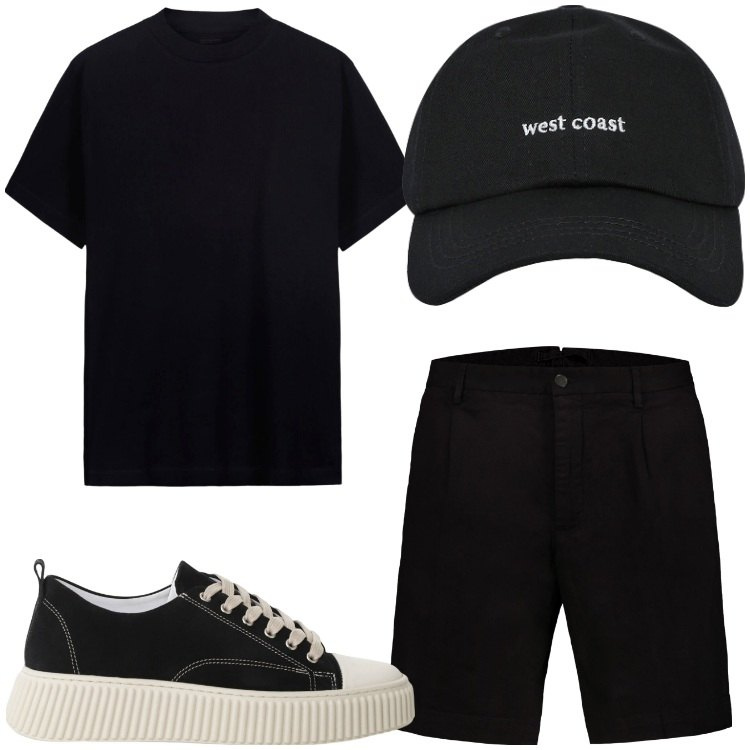 Outfit uomo - Black summer. Stile Casual per Tutti i giorni. Abbinamento con cappelli con visiera, sneakers, bermuda, t-shirt.