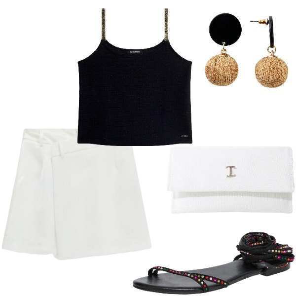 Outfit donna - Le serate di Luglio. Stile Casual chic per Tutti i giorni. Abbinamento con orecchini, sandali alla schiava, borse a tracolla, minigonne, canottiere.