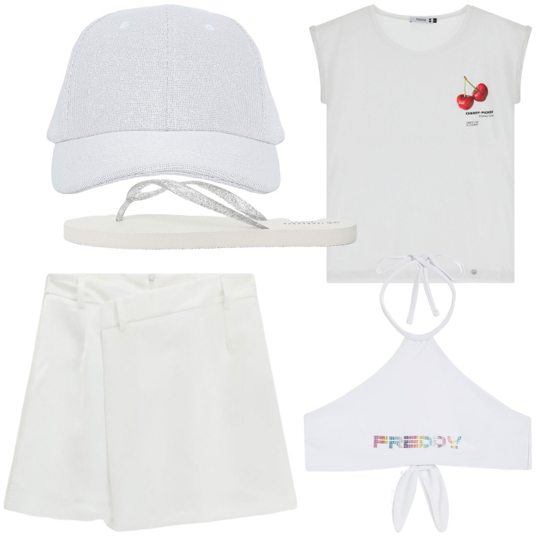 Outfit donna - Sabbia bianca. Stile Basic per Mare. Abbinamento con cappelli con visiera, infradito, t-shirt, minigonne, bikini.