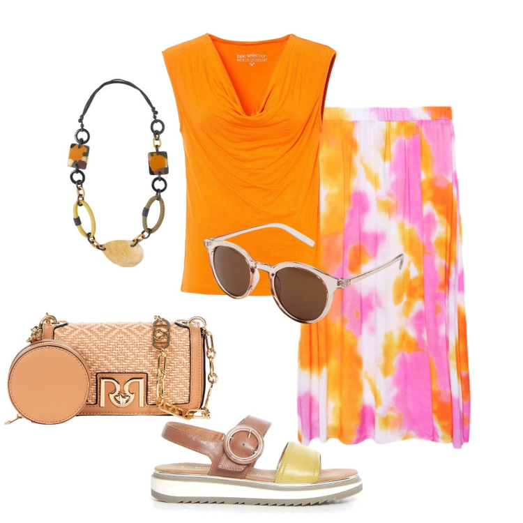 Outfit donna - Colore nella mia estate. Stile Glamour per Tutti i giorni. Abbinamento con occhiali da sole, top, borse a tracolla, gonne lunghe, collane, sandali.