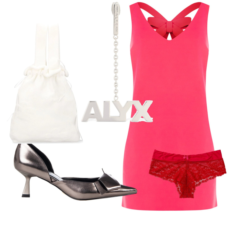 Outfit donna - Un abito coi fiocchi. Stile Chic per Serata fuori. Abbinamento con culotte, décolleté, vestiti corti, orecchini, borse a mano.