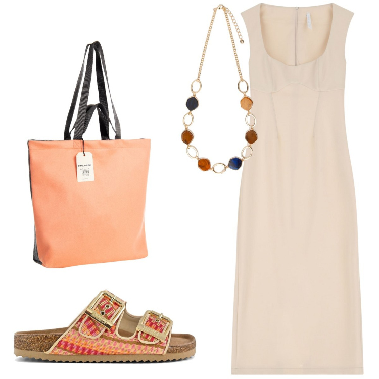 Outfit donna - Semplicemente elegante. Stile Bon Ton per Tutti i giorni. Abbinamento con borse tote, vestiti midi/longuette, collane, sandali.