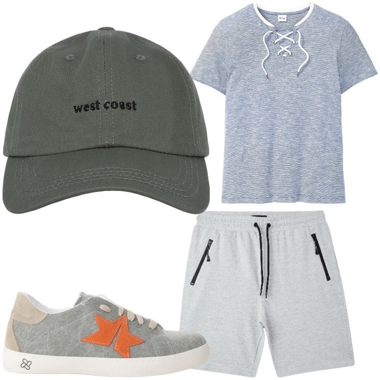Outfit uomo - Grigio e stelle. Stile Casual per Tutti i giorni. Abbinamento con t-shirt, bermuda, cappelli con visiera, sneakers.