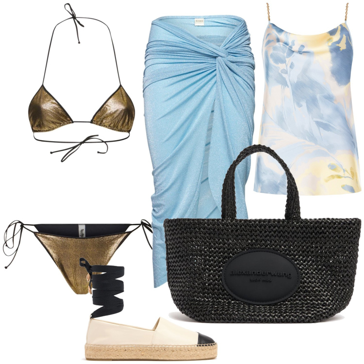 Outfit donna - Quando il mare è glamour chic. Stile Glamour per Mare. Abbinamento con top, vestiti da spiaggia, shopping bag, bikini, espadrillas.