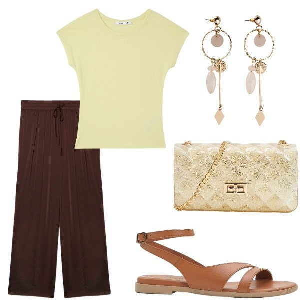 Outfit donna - Outifit di luglio. Stile Casual per Tutti i giorni. Abbinamento con orecchini, sandali in pelle, borse a tracolla, t-shirt, pantaloni a palazzo.