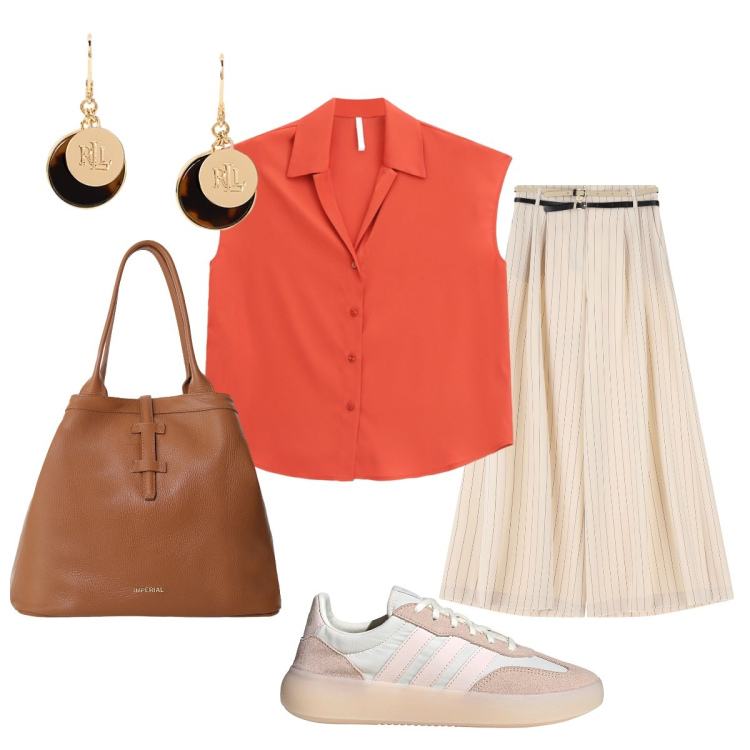 Outfit donna - Arancione caldo e vibrante. Stile Minimal per Tutti i giorni. Abbinamento con pantaloni a palazzo, camicie, borse tote, orecchini, sneakers.