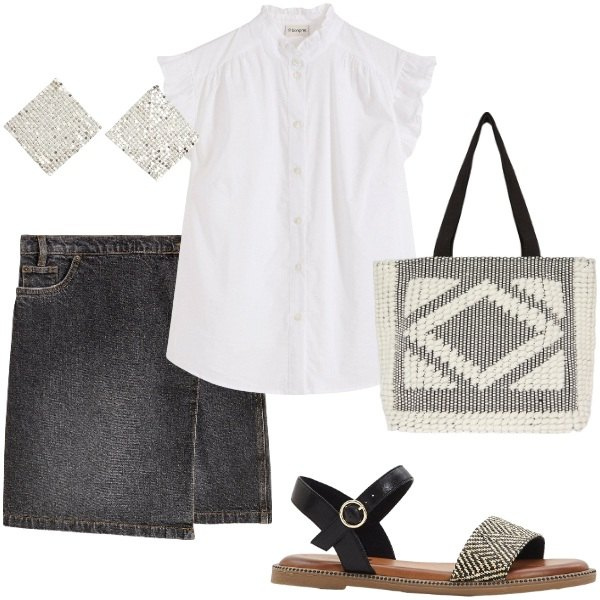 Outfit donna - Outifit di luglio. Stile Casual per Tutti i giorni. Abbinamento con bluse, sandali, gonne, orecchini, shopping bag.