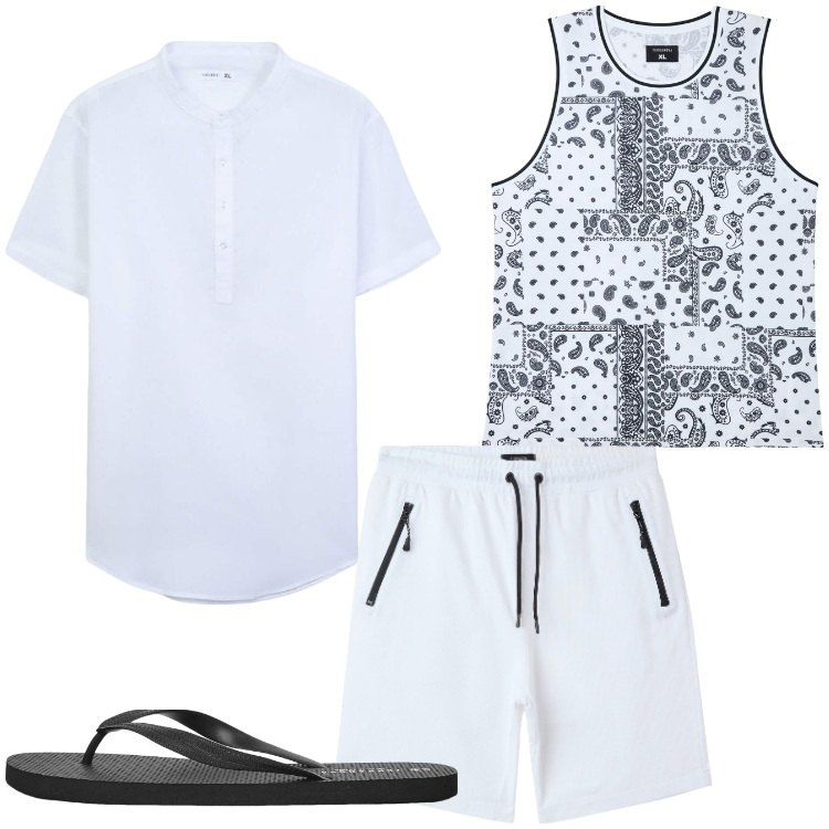 Outfit uomo - Easy white. Stile Casual per Tutti i giorni. Abbinamento con bermuda, sandali, canottiere, camicie a manica corta.