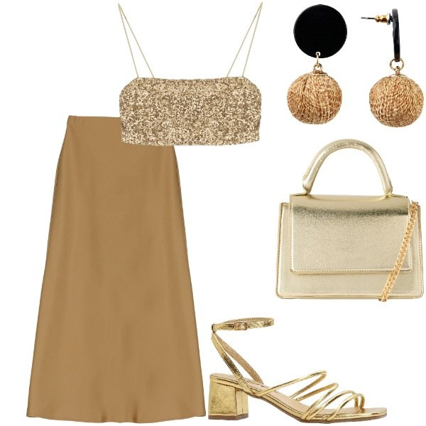 Outfit donna - Compleanno in villa. Stile Glamour per Serata fuori. Abbinamento con orecchini, sandali col tacco, borse a tracolla, gonne lunghe, top.