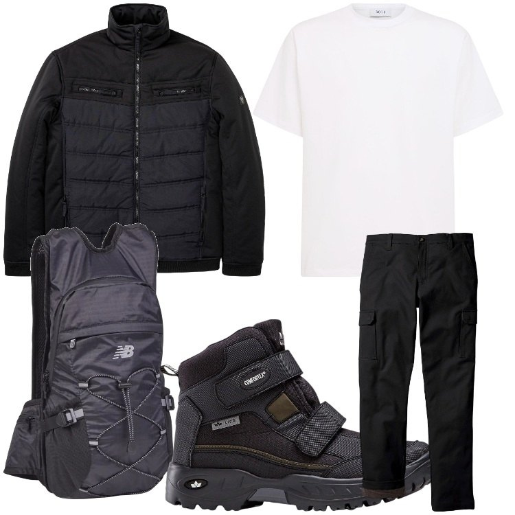 Outfit uomo - verso il rifugio. Stile Casual per Sport. Abbinamento con stivali e stivaletti, pantaloni cargo, piumini, borse sportive, t-shirt.