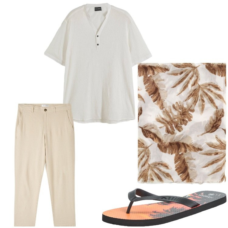 Outfit uomo - Dandy. Stile Trendy per Mare. Abbinamento con camicie, pantaloni, sandali, sciarpe e foulard.