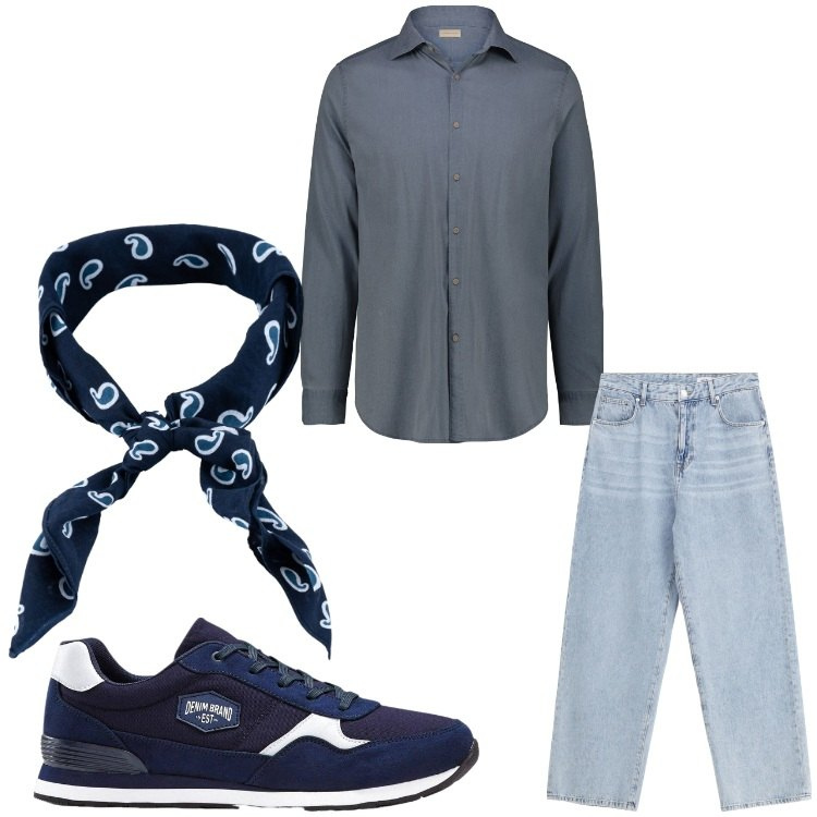 Outfit uomo - Originale. Stile Casual per Tutti i giorni. Abbinamento con sneakers, jeans, sciarpe e foulard, camicie.