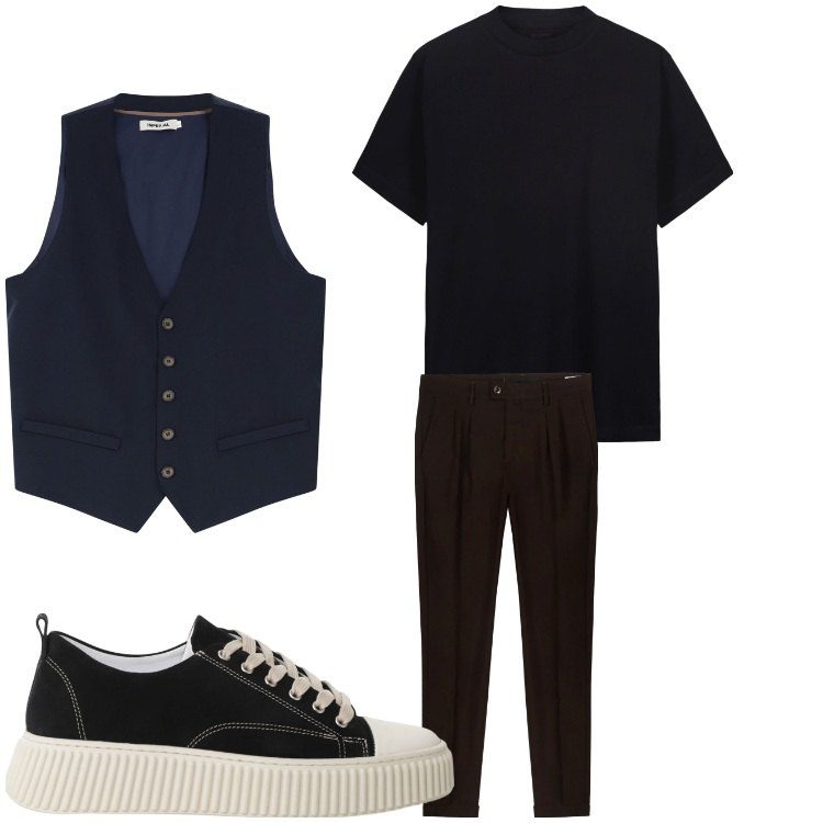 Outfit uomo - Moderno. Stile Casual per Serata speciale. Abbinamento con gilet, sneakers, pantaloni, t-shirt.