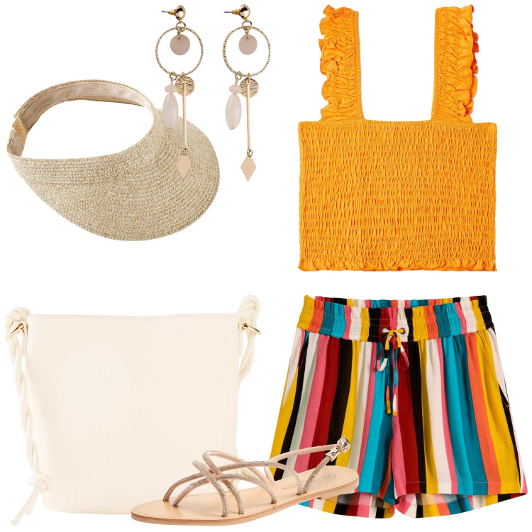 Outfit donna - Al mare con amici. Stile Casual per Mare. Abbinamento con orecchini, cappelli con visiera, pantaloni corti, borse a tracolla, sandali, top.