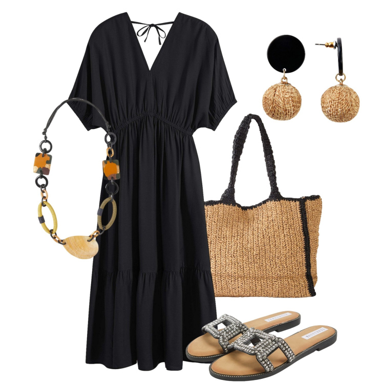 Outfit donna - Vestitino leggero per tutti i giorni. Stile Trendy per Tutti i giorni. Abbinamento con vestiti midi/longuette, orecchini, shopping bag, ciabatte, collane.