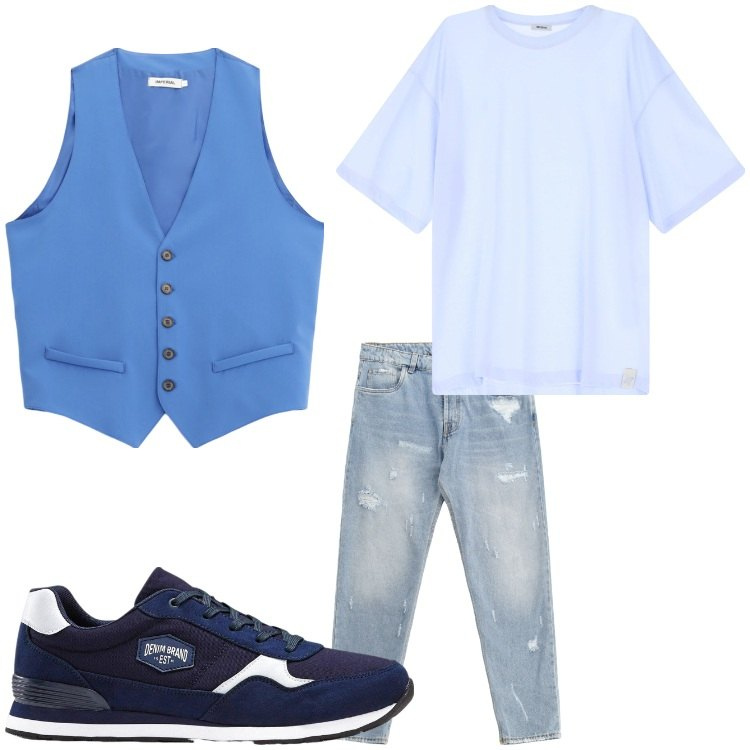 Outfit uomo - Yes. Stile Trendy per Serata speciale. Abbinamento con sneakers, t-shirt, gilet, jeans strappati.