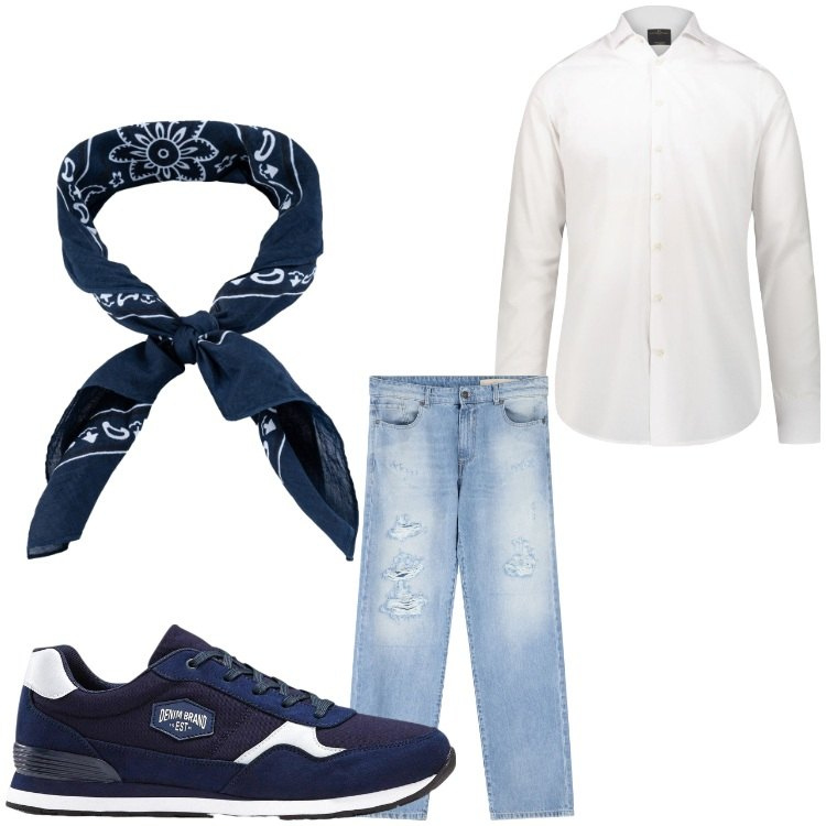 Outfit uomo - Mi piaccio cosi´. Stile Casual per Serata speciale. Abbinamento con sneakers, jeans strappati, camicie, sciarpe e foulard.