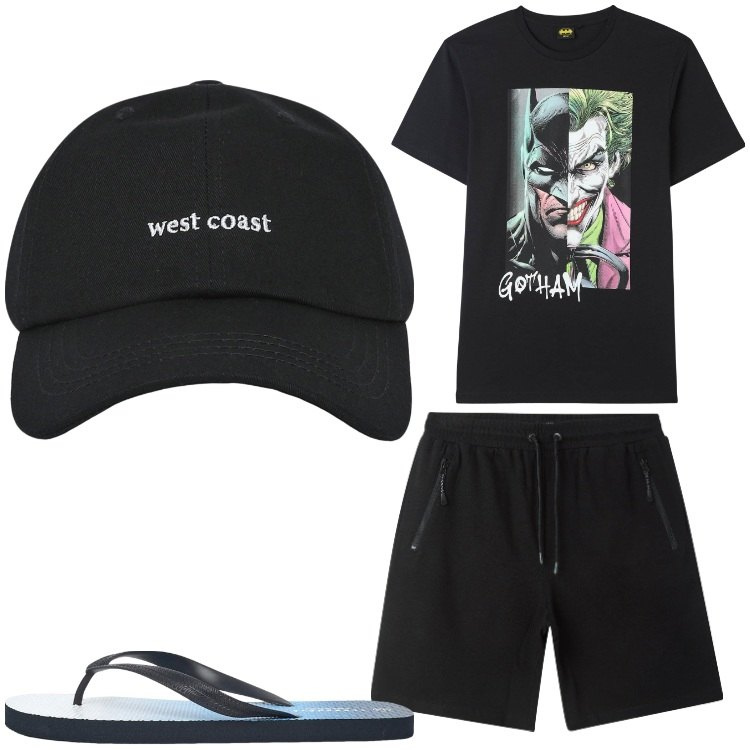 Outfit uomo - Joker. Stile Casual per Tutti i giorni. Abbinamento con sandali, t-shirt, cappelli con visiera, bermuda.