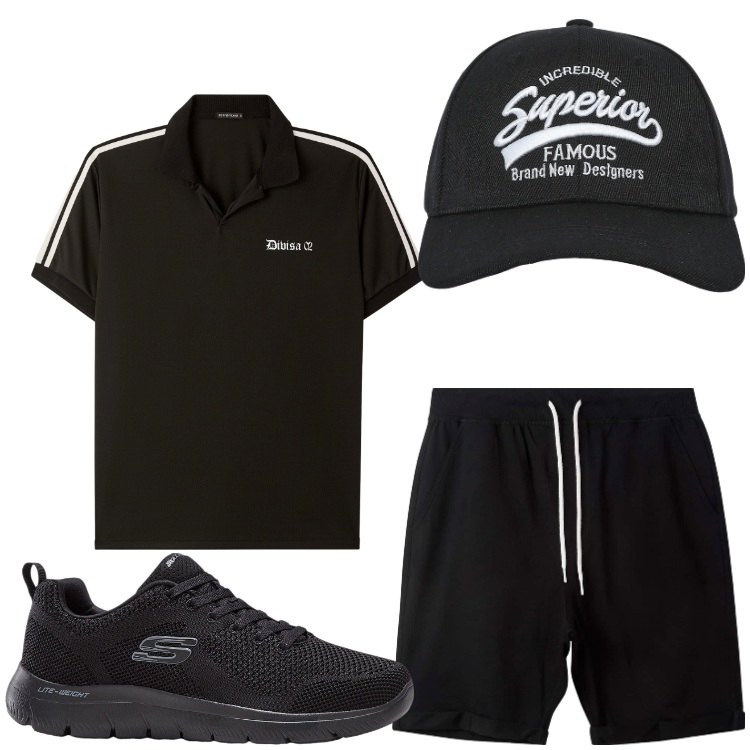 Outfit uomo - A piedi. Stile Casual per Tutti i giorni. Abbinamento con sneakers, cappelli con visiera, pantaloni corti, polo.