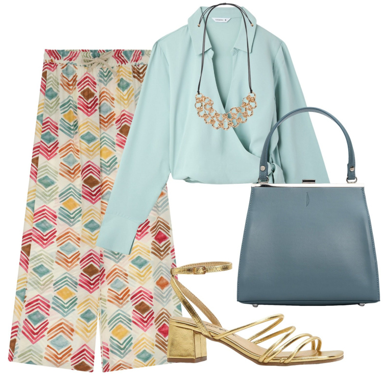 Outfit donna - Al lavoro colorate. Stile Casual chic per Ufficio. Abbinamento con sandali col tacco, camicie, pantaloni, clutch, collane.