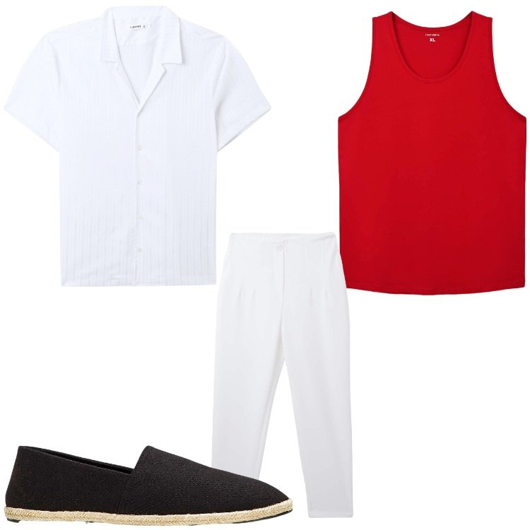 Outfit uomo - Tre colori. Stile Casual per Tutti i giorni. Abbinamento con espadrillas, camicie a manica corta, pantaloni chino, canottiere.