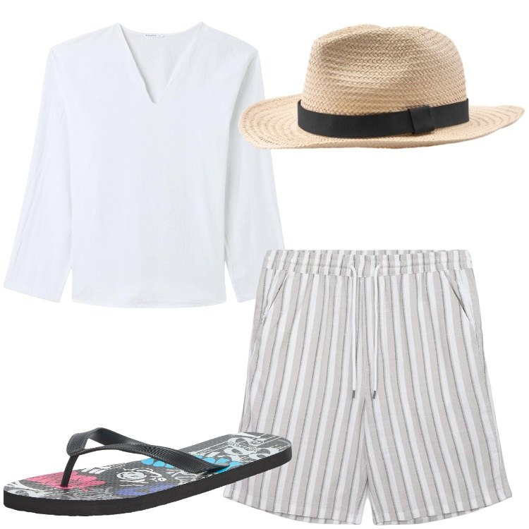 Outfit uomo - Hola. Stile Casual per Mare. Abbinamento con camicie, sandali, pantaloni corti, cappelli.